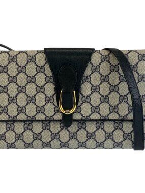 Gucci Vintage Gray Navy Gold GG Supreme Canvas Shoulder Bag Pochette